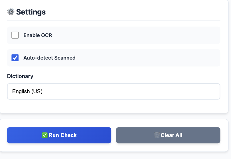 Actions card with Run Check button and progress bar